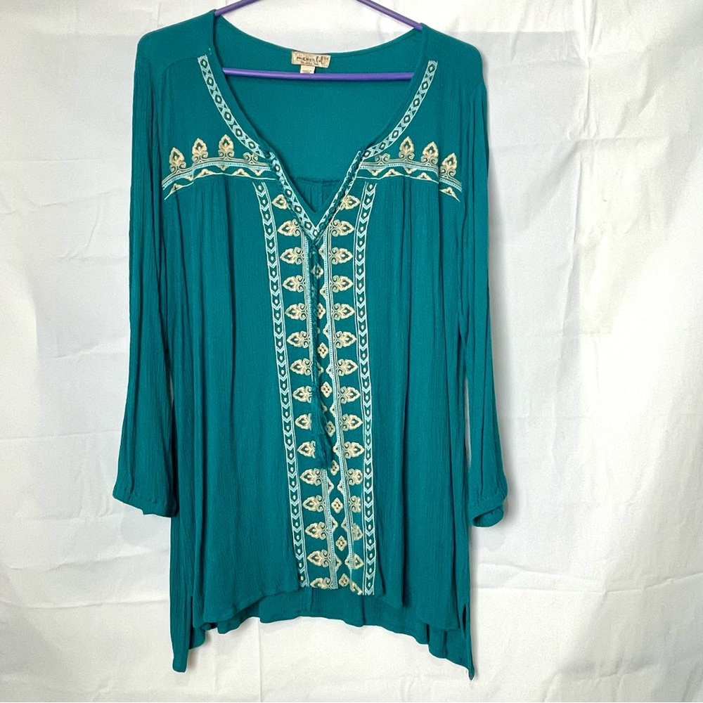One World Teal Flowing V-neck Tunic Blouse 3X w Beige + White Embroidery Tassels